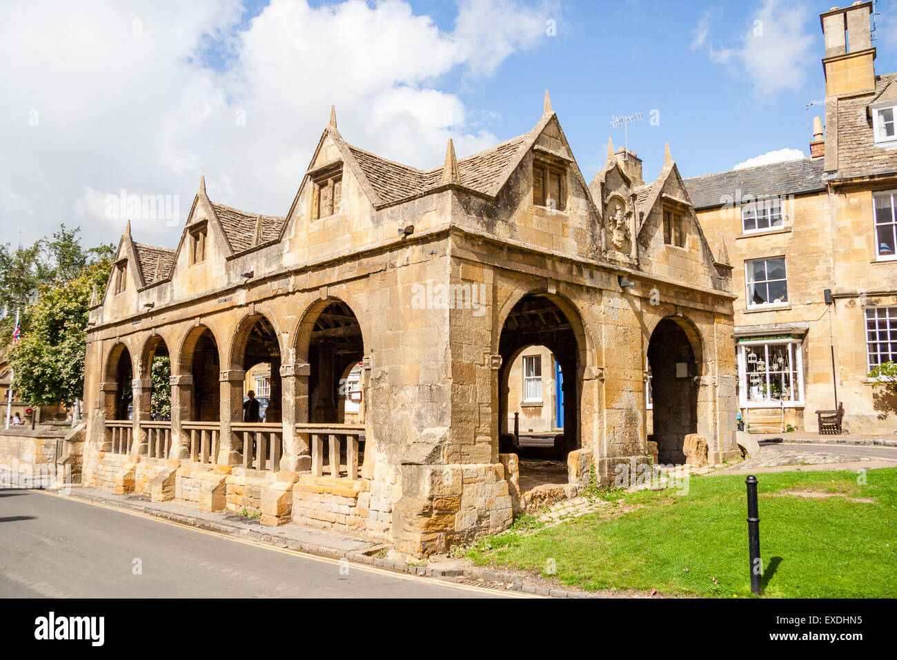 Chipping Campden, famous Cotswold limestone market hall with arches