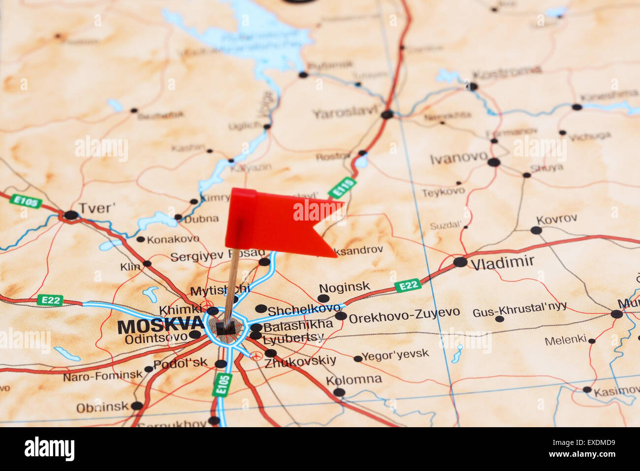 Moscow pinned on a map of europe Stock Photo