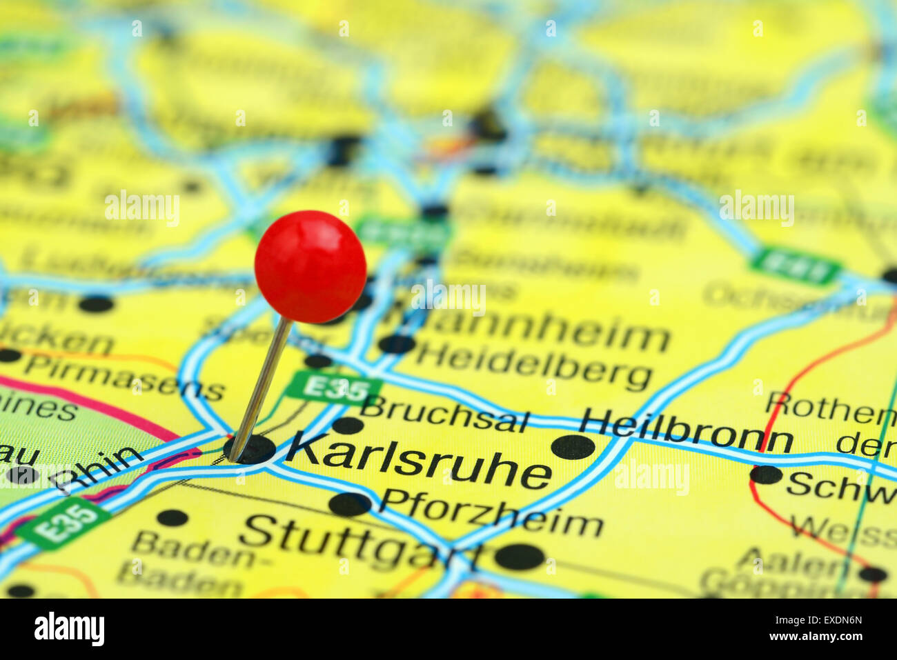 Karlsruhe pinned on a map of europe Stock Photo
