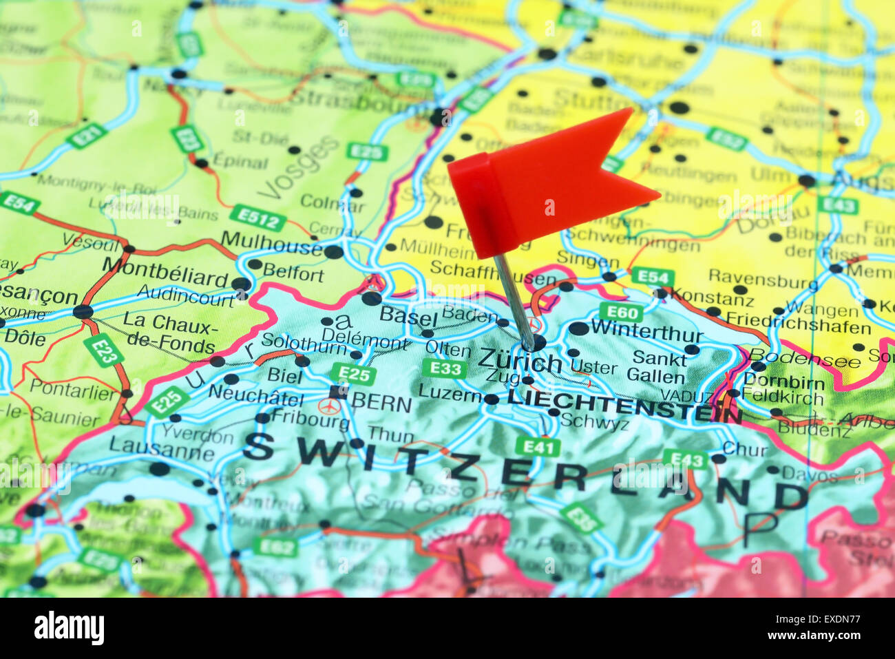 Zurich pinned on a map of europe Stock Photo