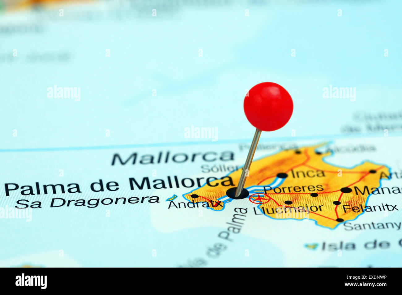 Palma de Mallorca pinned on a map of europe Stock Photo