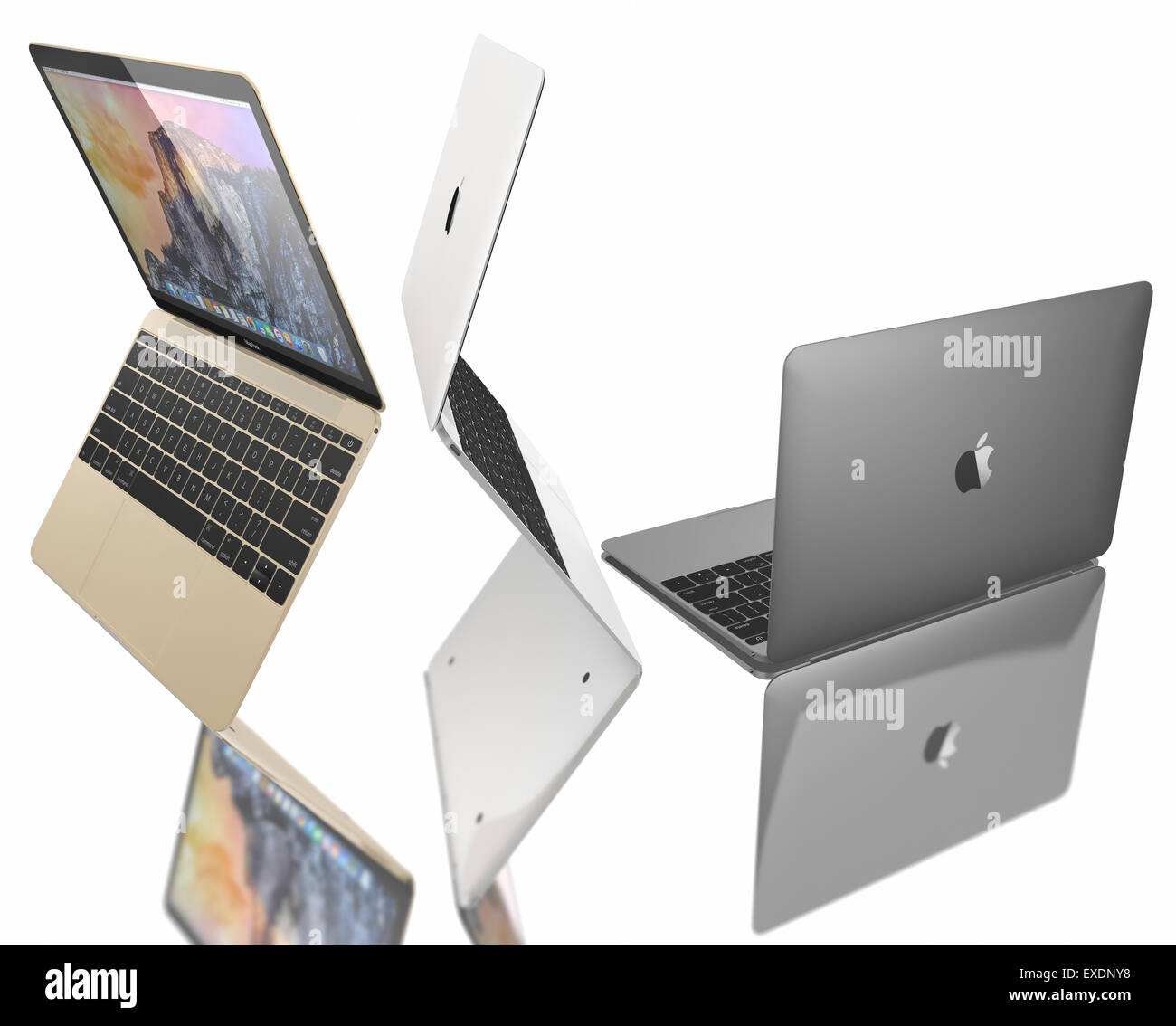 New Silver MacBook displaying OS X Yosemite. It has a 12-inch Retina display with a resolution of 2304 x 1440. Stock Photo