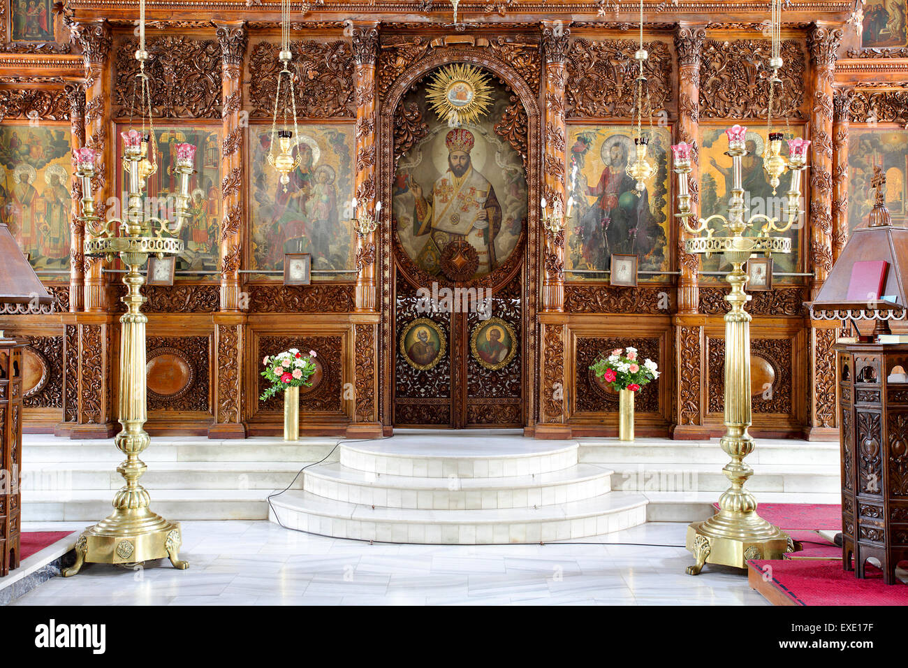 The Altar within the Cathedral of Rethymnon, fine wood carving and Icons adorn this splendid, deatailed creation. Stock Photo