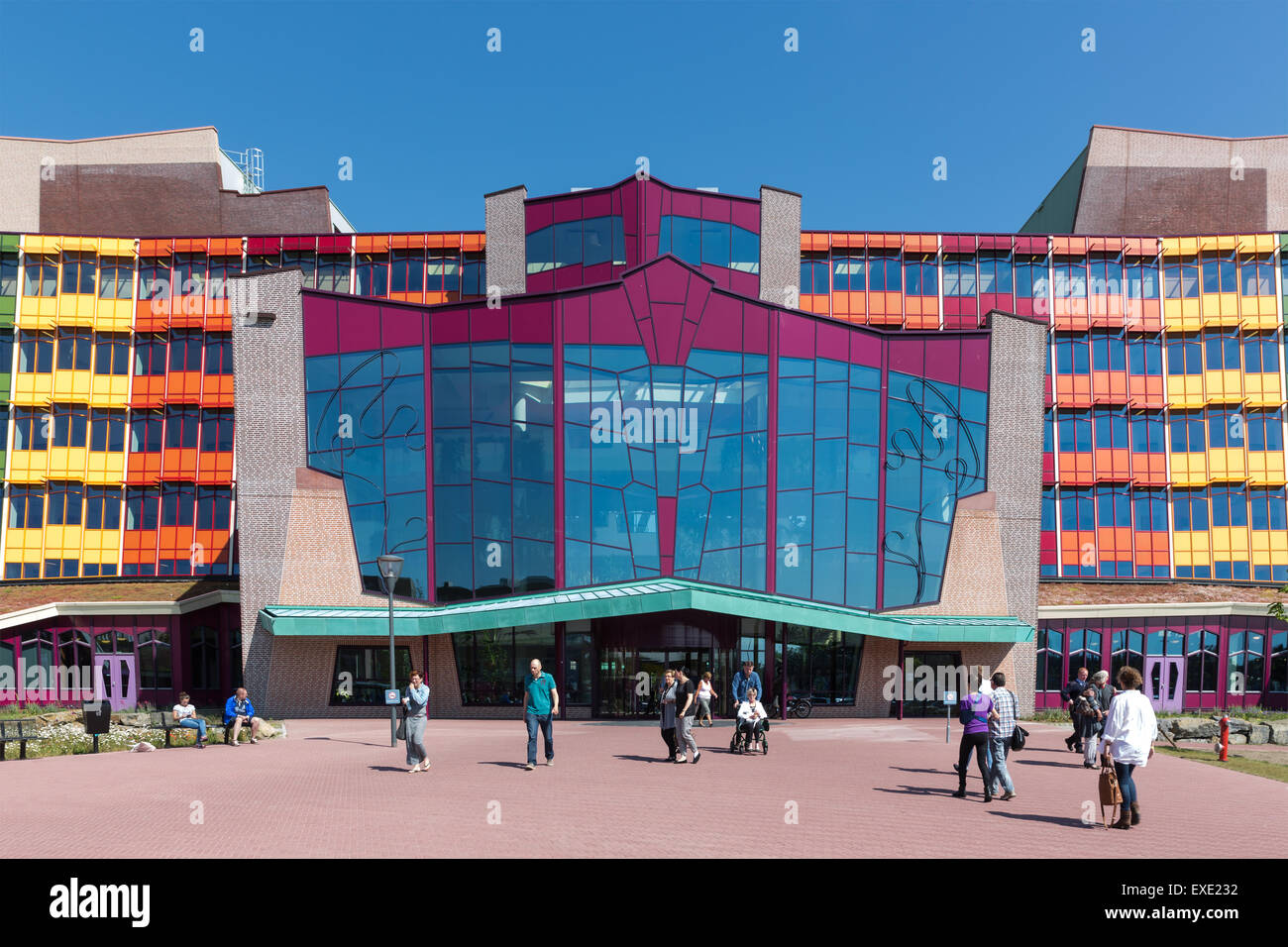 Frontview with people visiting the new modern Isala Hospital in Zwolle