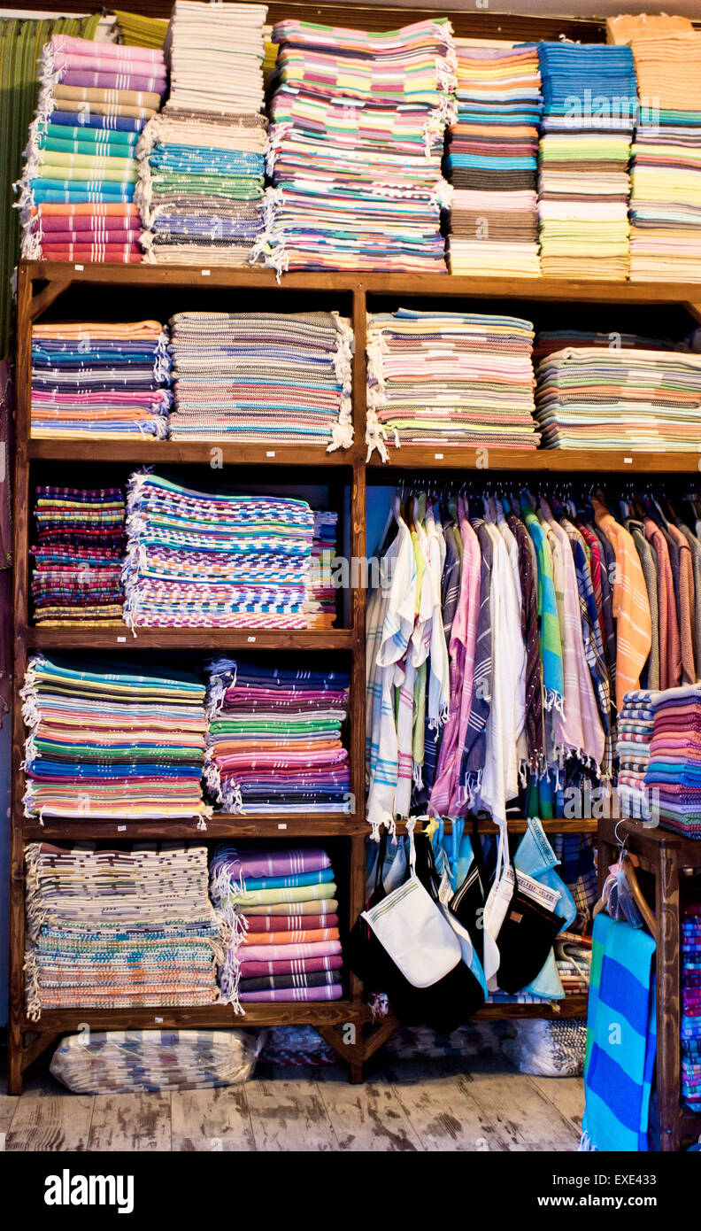 Inside of a store selling textiles and clothing in Turkey Stock Photo