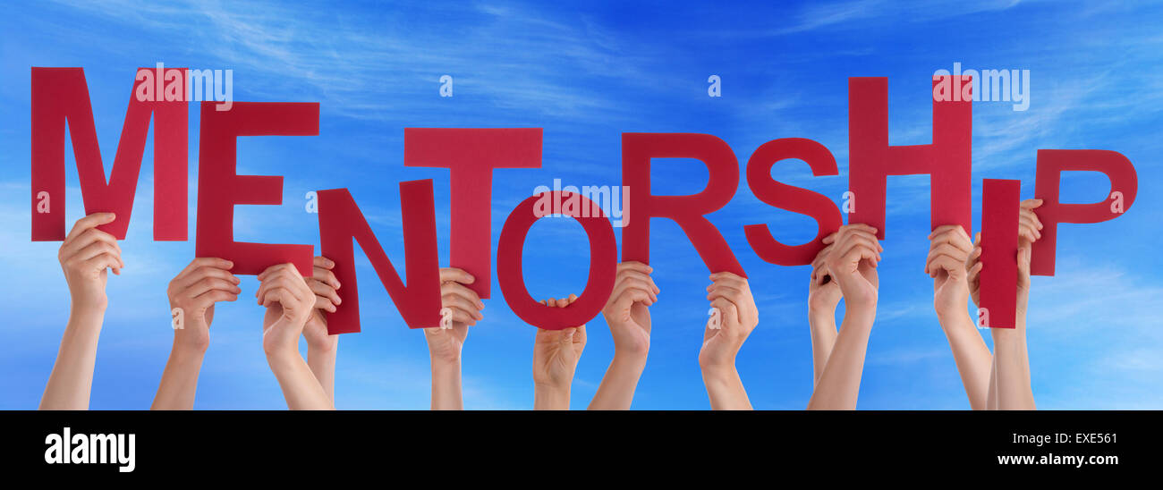 People Hands Holding Red Word Mentorship Blue Sky Stock Photo