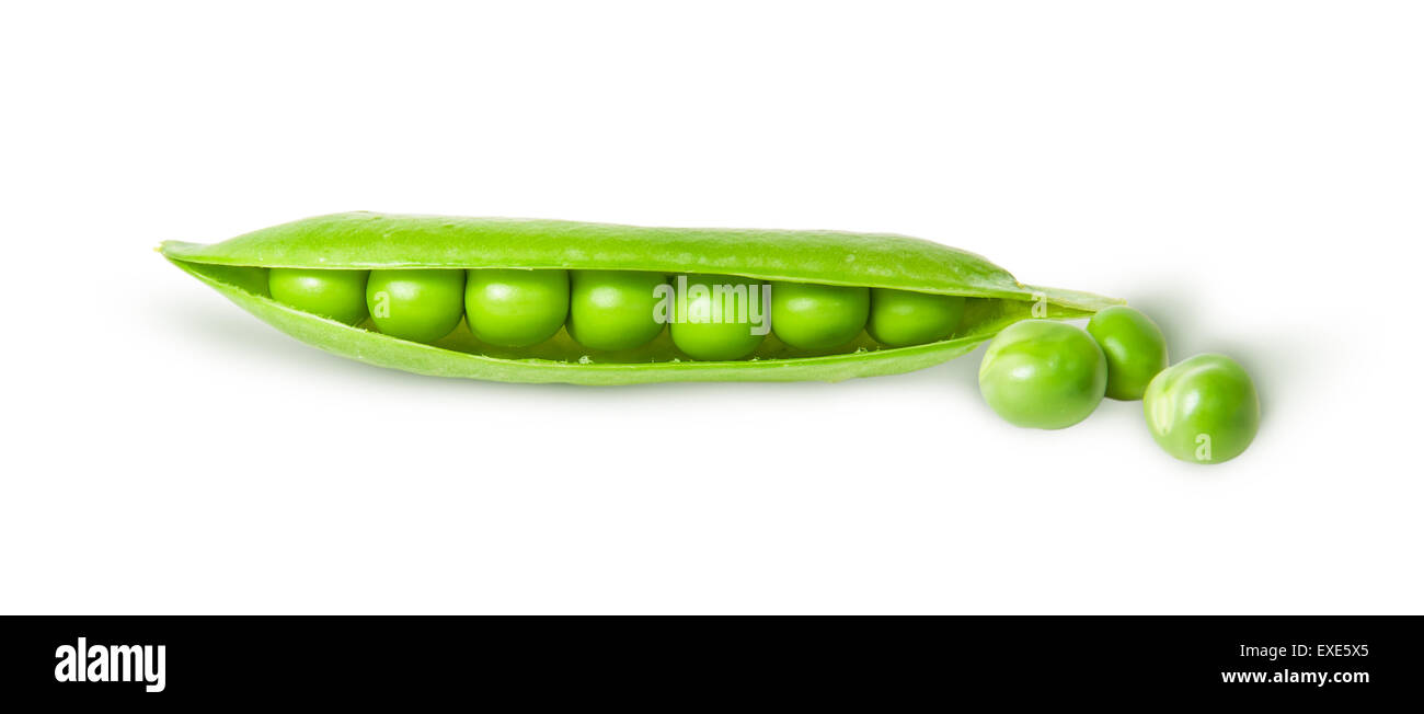 Opened green pea pod and peas isolated on white background Stock Photo