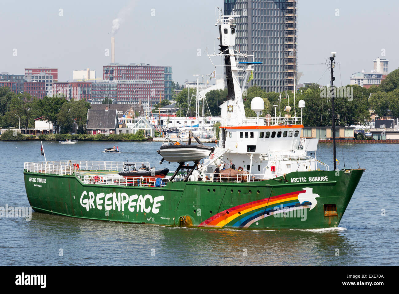 Greenpeace ship Arctic Sunrise, in Het IJ, Amsterdam, North Holland, The Netherlands Stock Photo