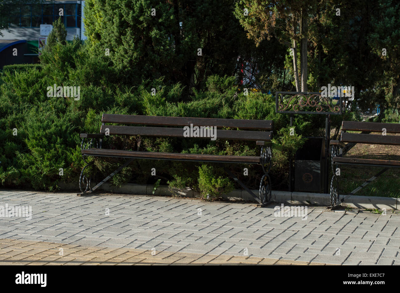 wooden bench in city park Stock Photo - Alamy