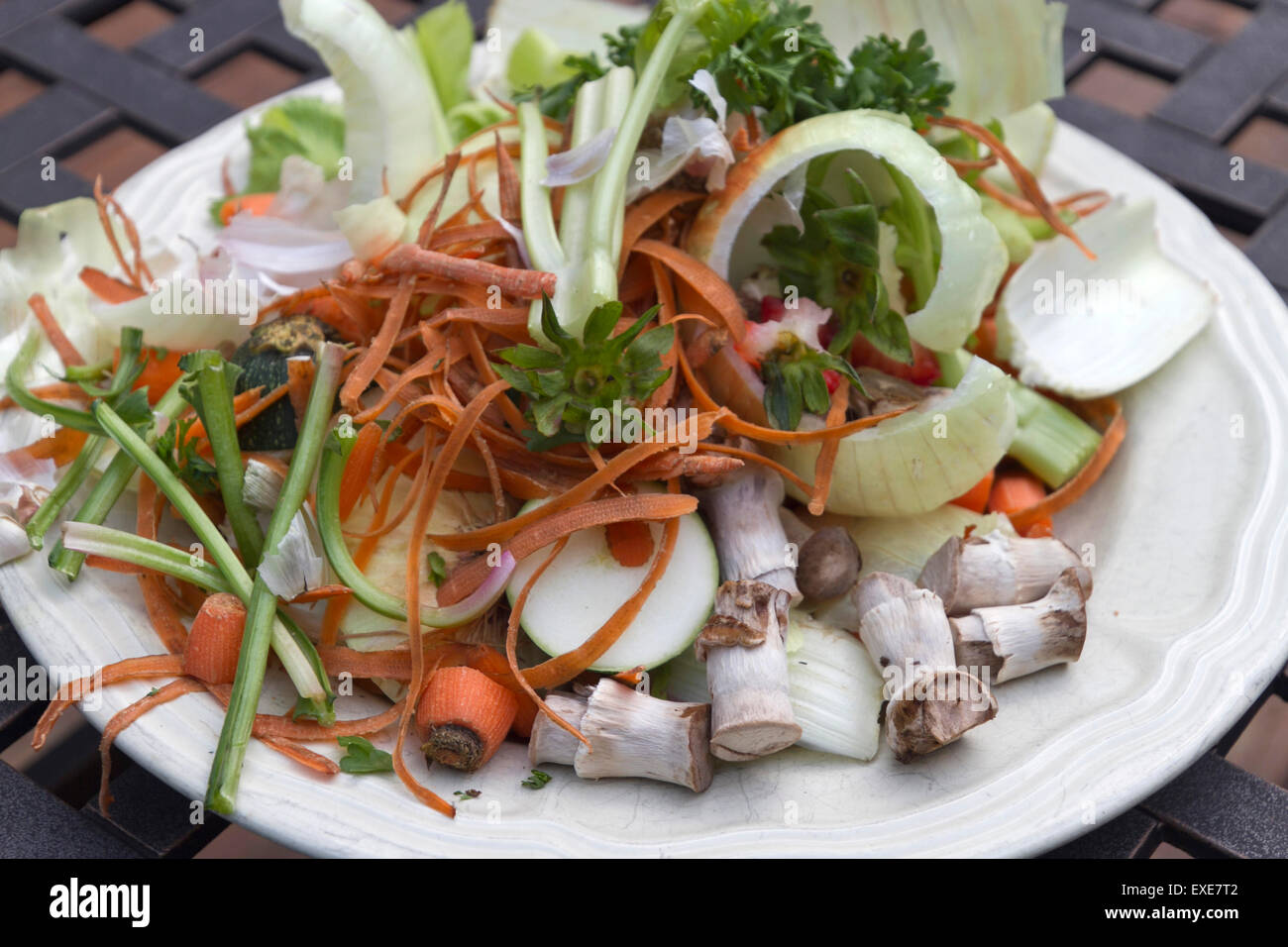 Close up of a plate full of compostable cuttings, scrapings, and peels of vegetables left over from food preparation Stock Photo