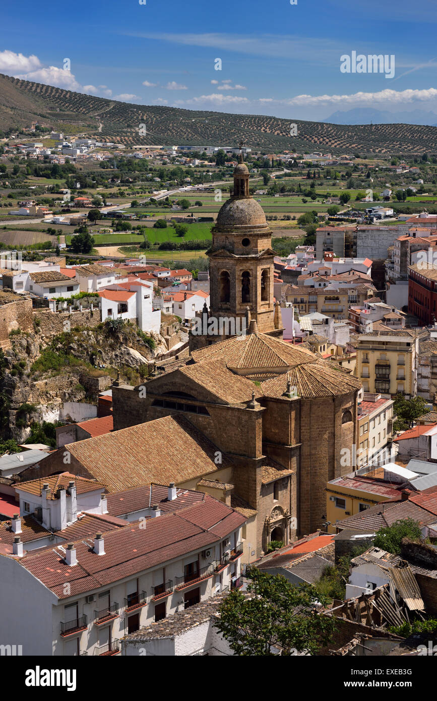 Church of the Incarnation with Alcazaba ruins in fertile Genil river valley at Loja Granada Spain Stock Photo