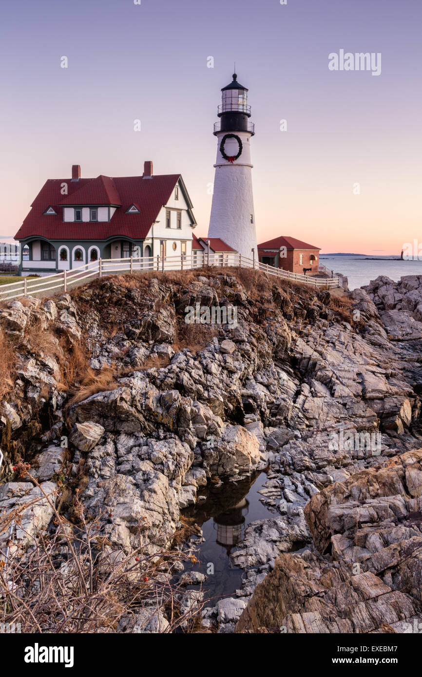 Before Sunrise at Portland Head Lighthouse, Cape Elizabeth, Maine Stock Photo