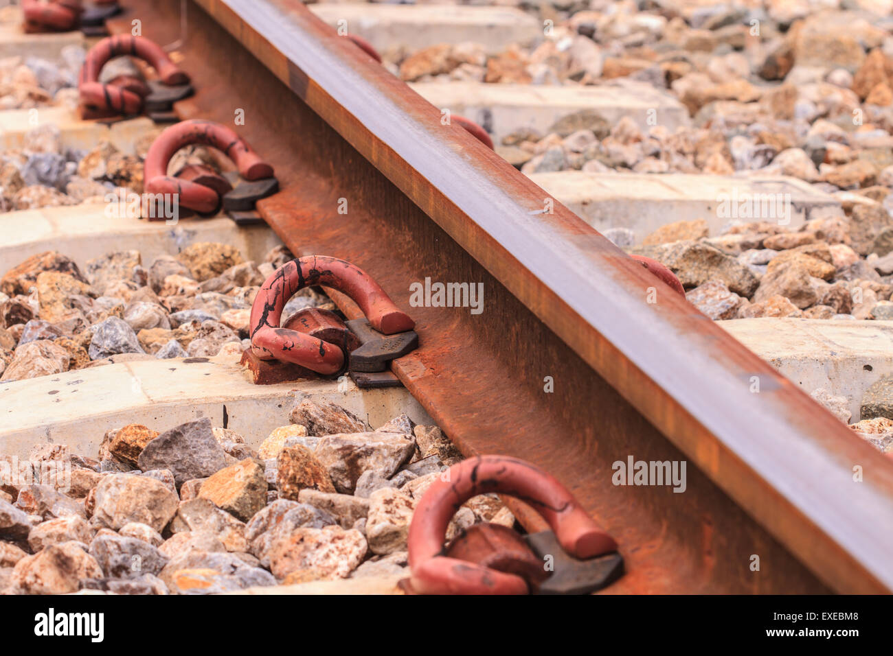 Close up of empty straight railroad track Stock Photo