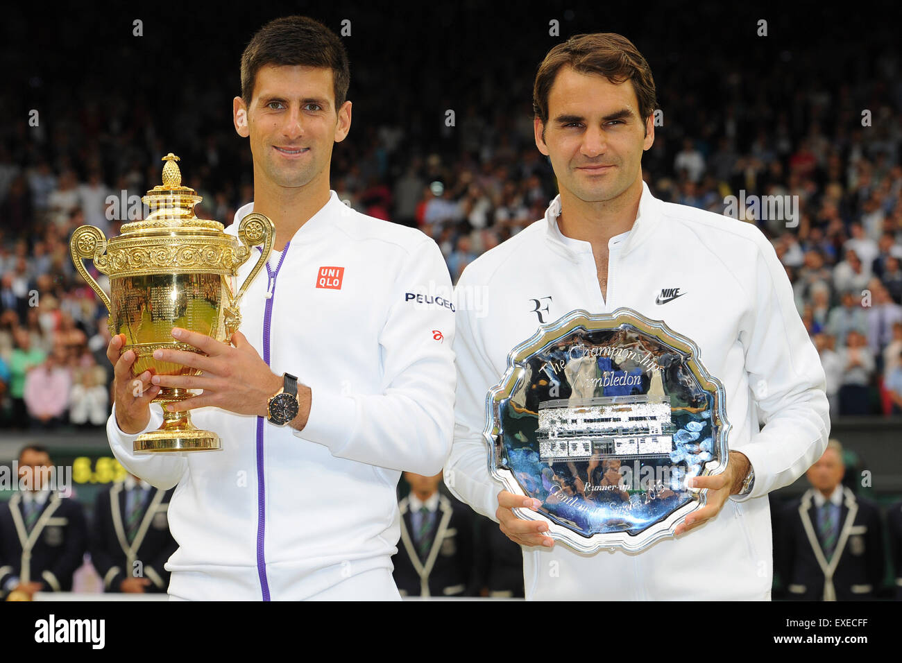 Wimbledon Uk 12th July 15 The Wimbledon Tennis Championships Gentlemens Singles Final Between Novak Djokovic Srb And Roger Federer Sui Novak Djokovic Ser And Roger Federer Sui With Their 1st And 2nd Wimbledon Uk 12th July 15 The Wimbledon Tennis Championships Gentlemens Singles Final Between Novak Djokovic Srb And Roger Federer Sui Novak Djokovic Ser And Roger Federer Sui With Their 1st And 2nd