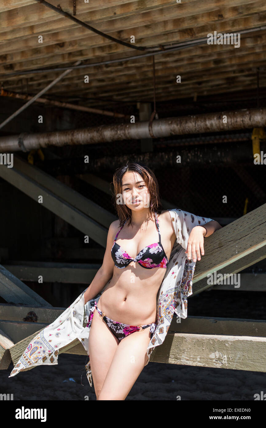 model, bikini, asian, beach, sand, pier woman,swimsuit Stock Photo