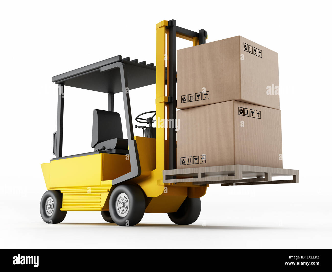 Transportation and shipping concept with a forklift holding cargo boxes Stock Photo