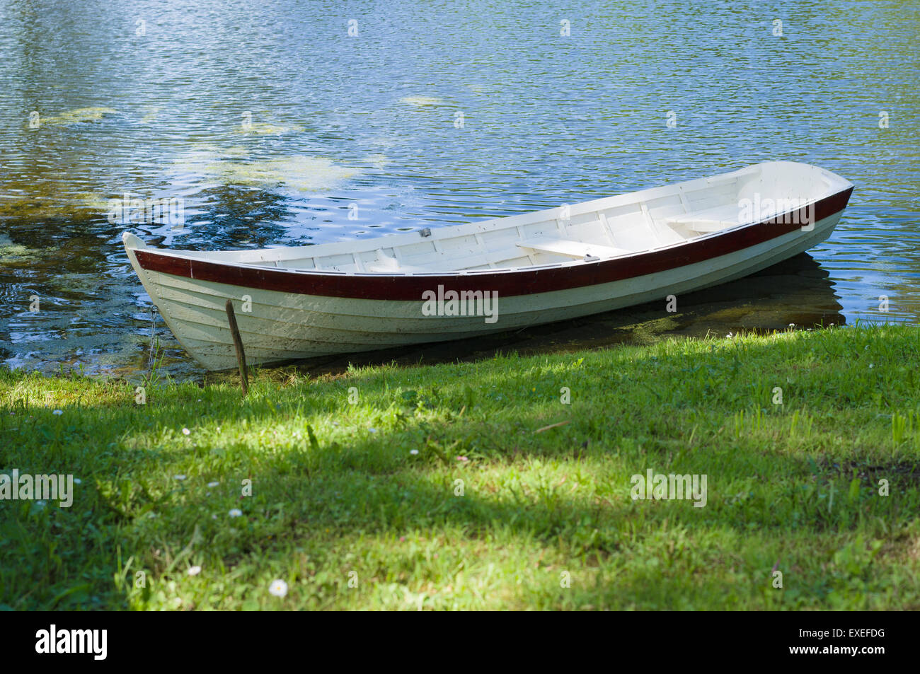 Rowboat at pond shore in summer park Stock Photo