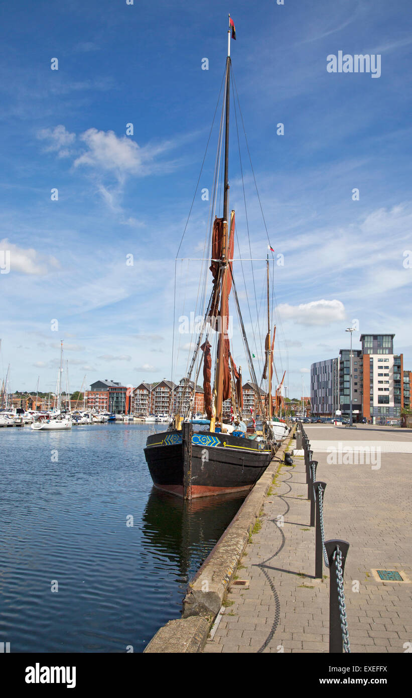 Historic sailing barge at quayside mooring in the Wet Dock, Ipswich