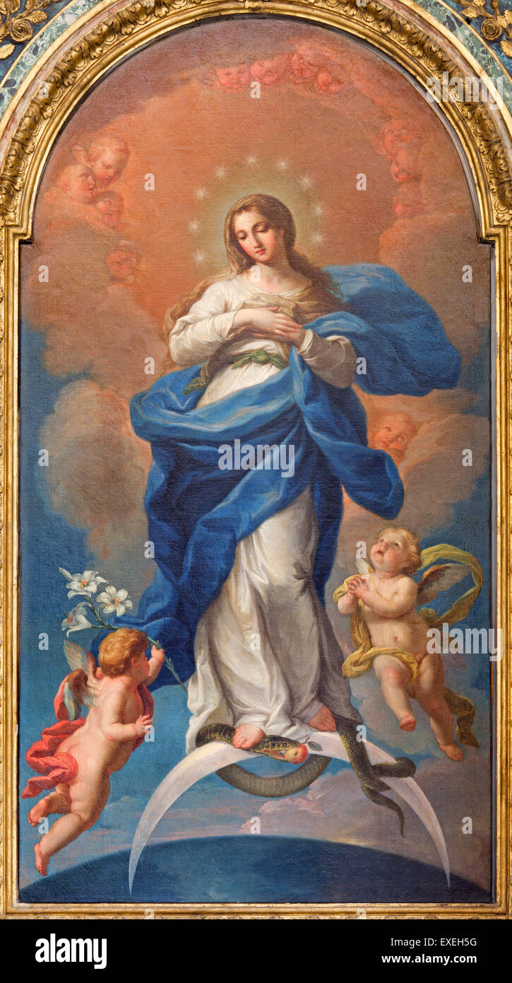 Rome - The Immaculate Conception paint by Francesco Preciado de La Vega (1750) in Chiesa della Santissima Trinita degli Spanoli Stock Photo