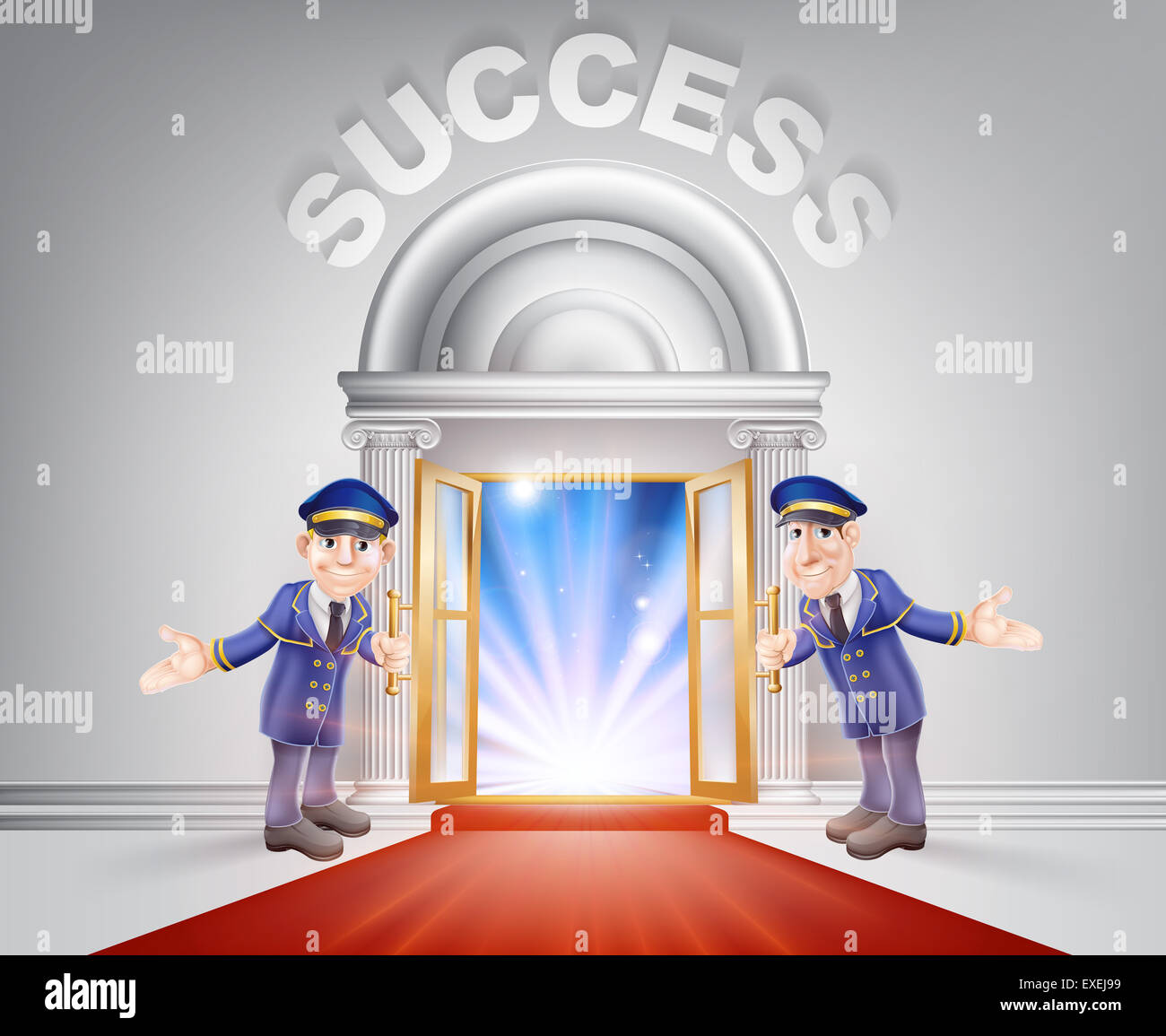 Success Door concept of a doormen holding open a red carpet entrance to success with light streaming through it. Stock Photo