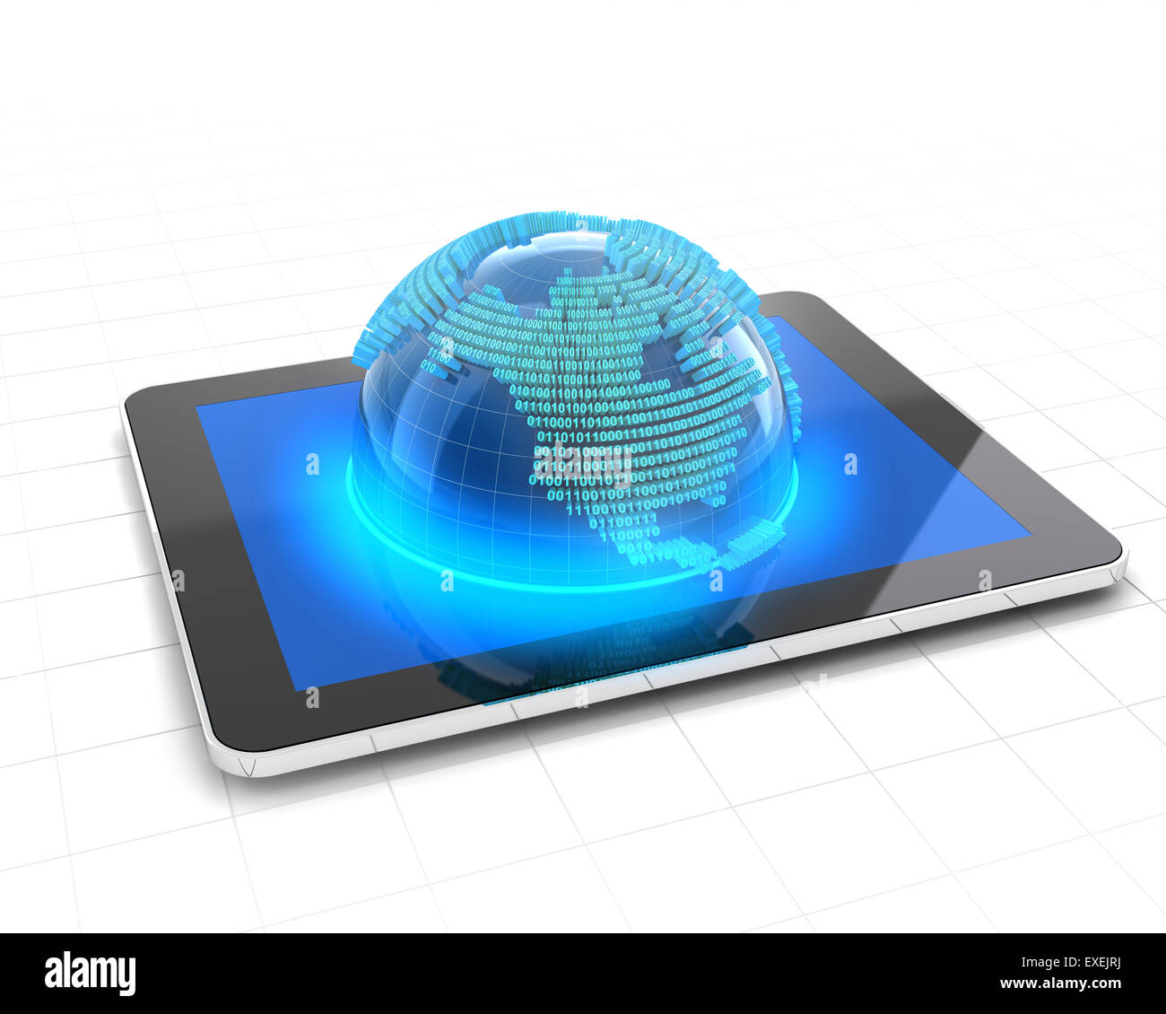Globe with binary code emerging from a tablet Stock Photo