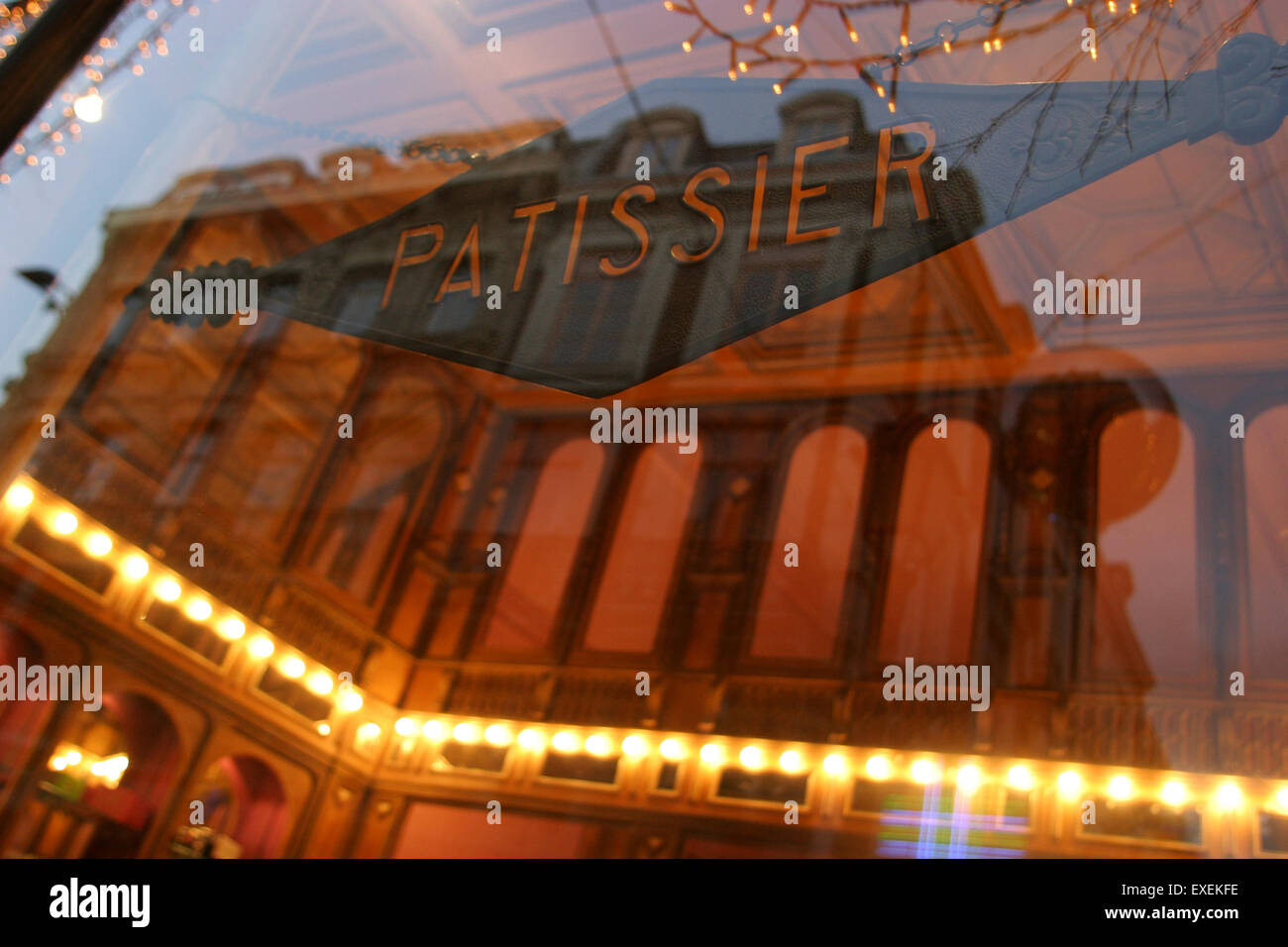 A patisserie pastry shop window sign in the Place De Theatre, Lille, France. Stock Photo