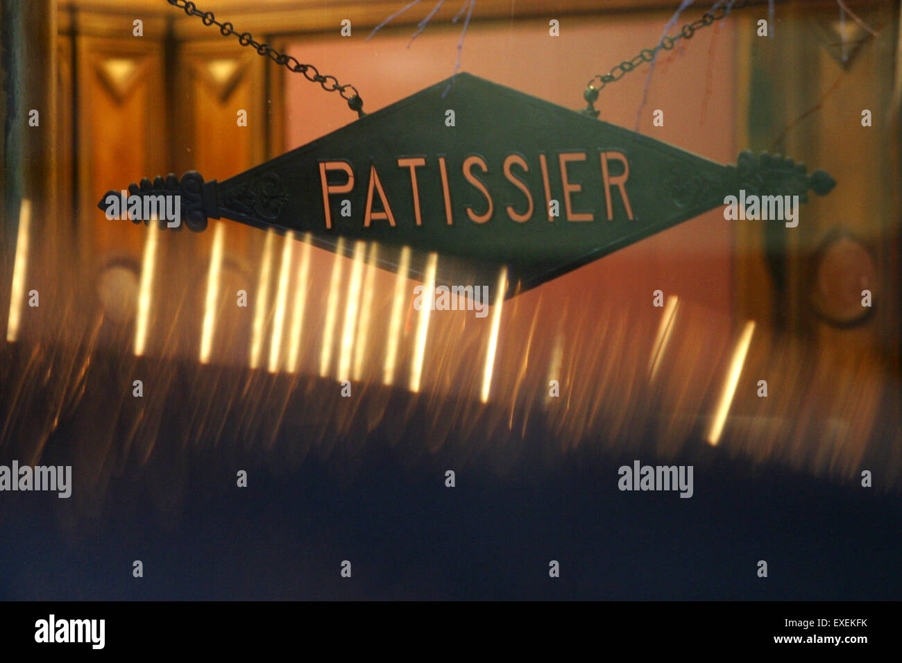 A patisserie pastry shop window sign in the Place De Theatre, Lille, France. Stock Photo