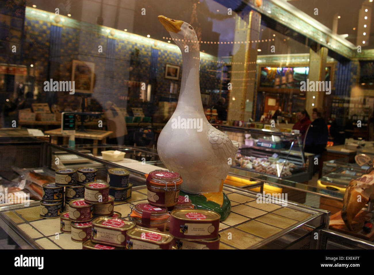 A display of Pâté de Foie Gras (duck or goose liver paté) in a gourmet shop window in Lille, France. Stock Photo