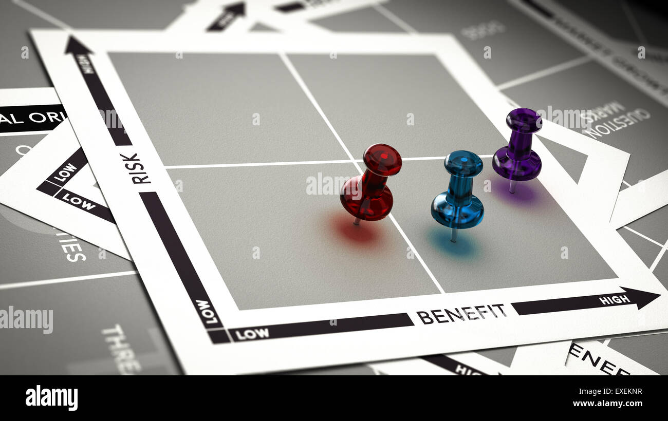 Risk versus value matrix with pushpins and blur effect. Concept of investment risk assessment. Stock Photo