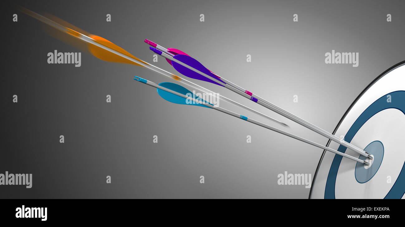 Three arrow hitting a target bullseye plus an orange one in motion about to hit the center. Concept image for competitiveness or Stock Photo