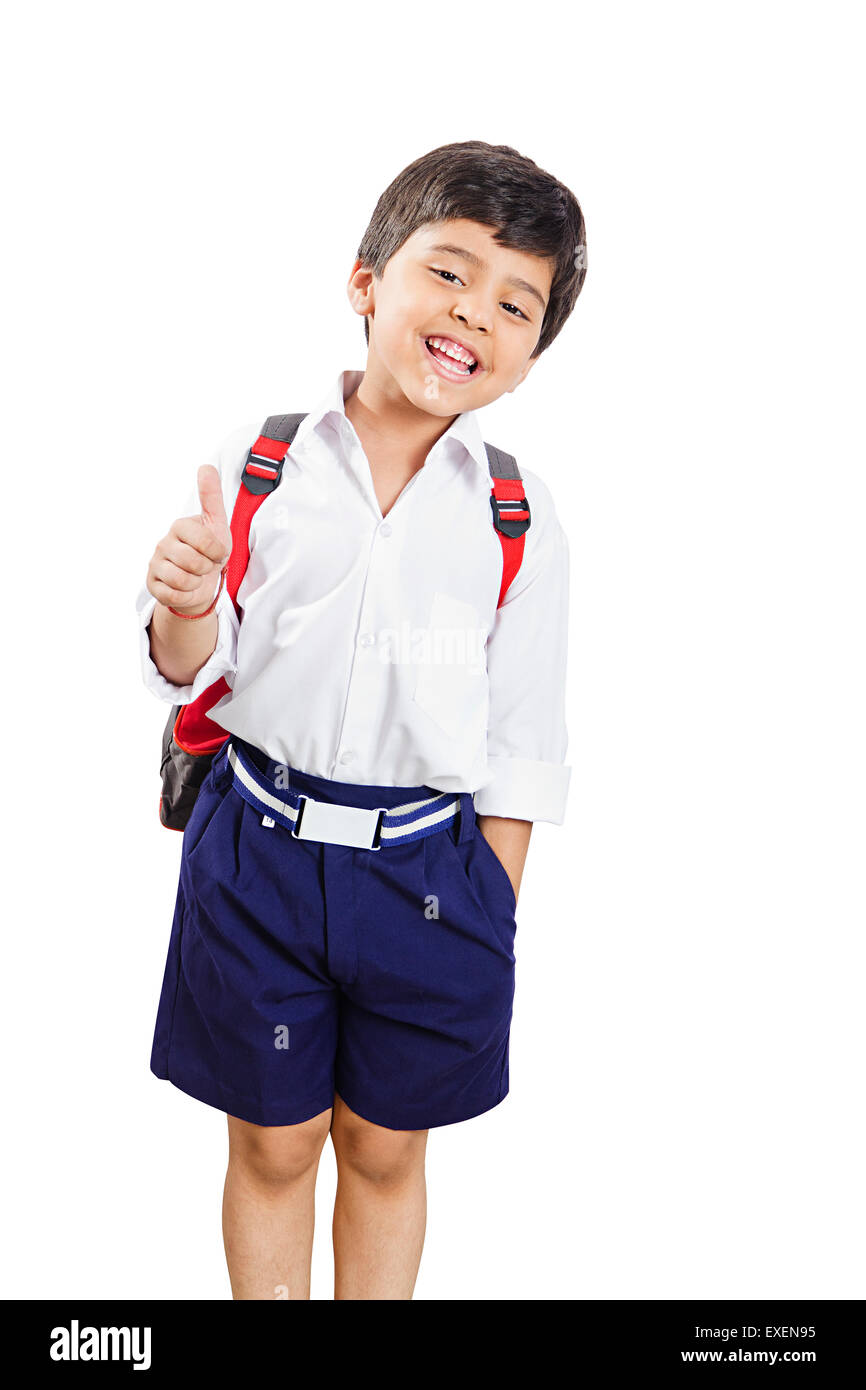 1 indian rural School kids boy Thumbs Up showing Stock Photo