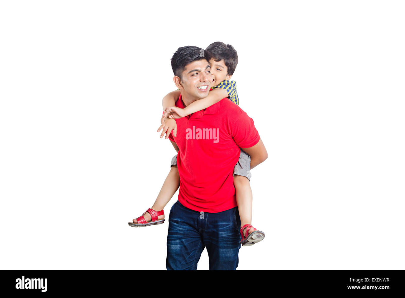 2 indian father with son Piggyback Riding enjoy Stock Photo