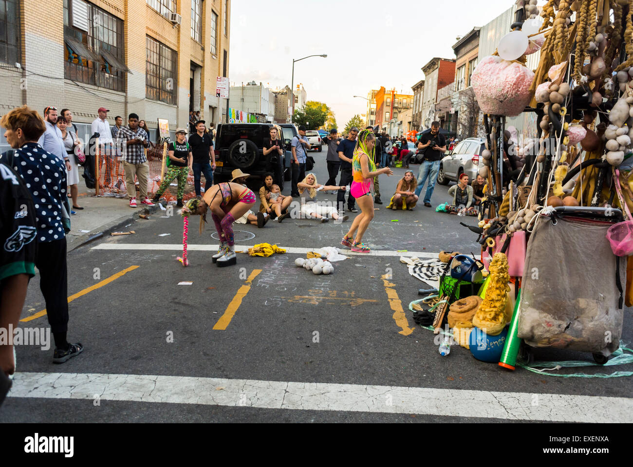 New York City, NY, USA, people gathered NY streets Visiting Bushwick Section of Brooklyn, Weekend Flea Market, Artist Street Performance, Local neighbourhoods, urban youths Stock Photo