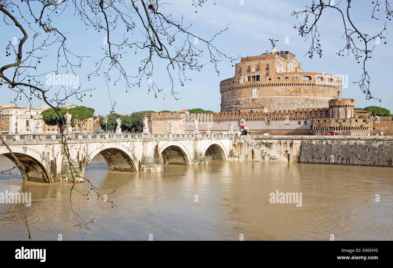 Rome - Angels bridge and castle in morning and at high water in Tiber ...