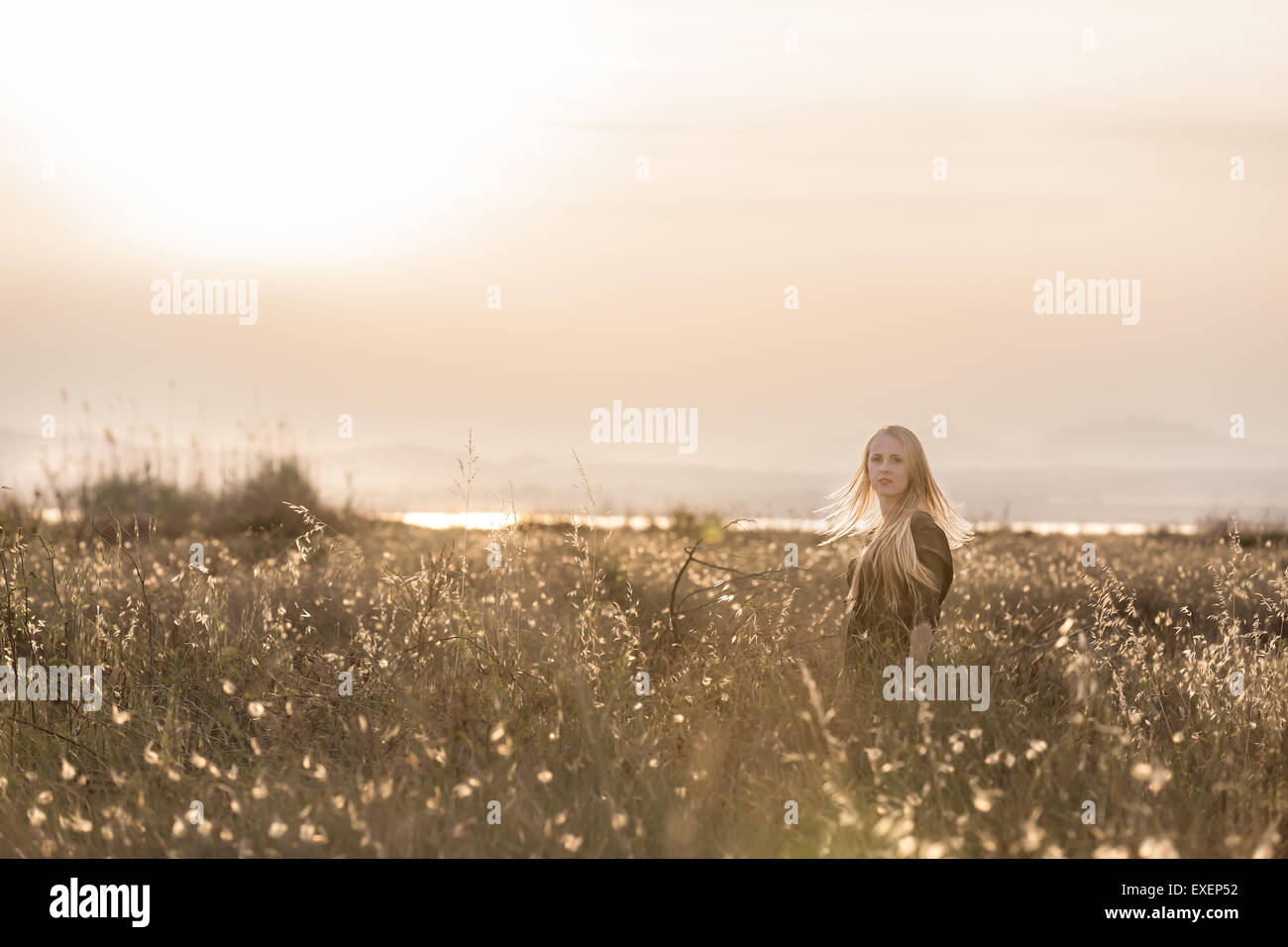 Young happy woman in field on sunset Stock Photo - Alamy