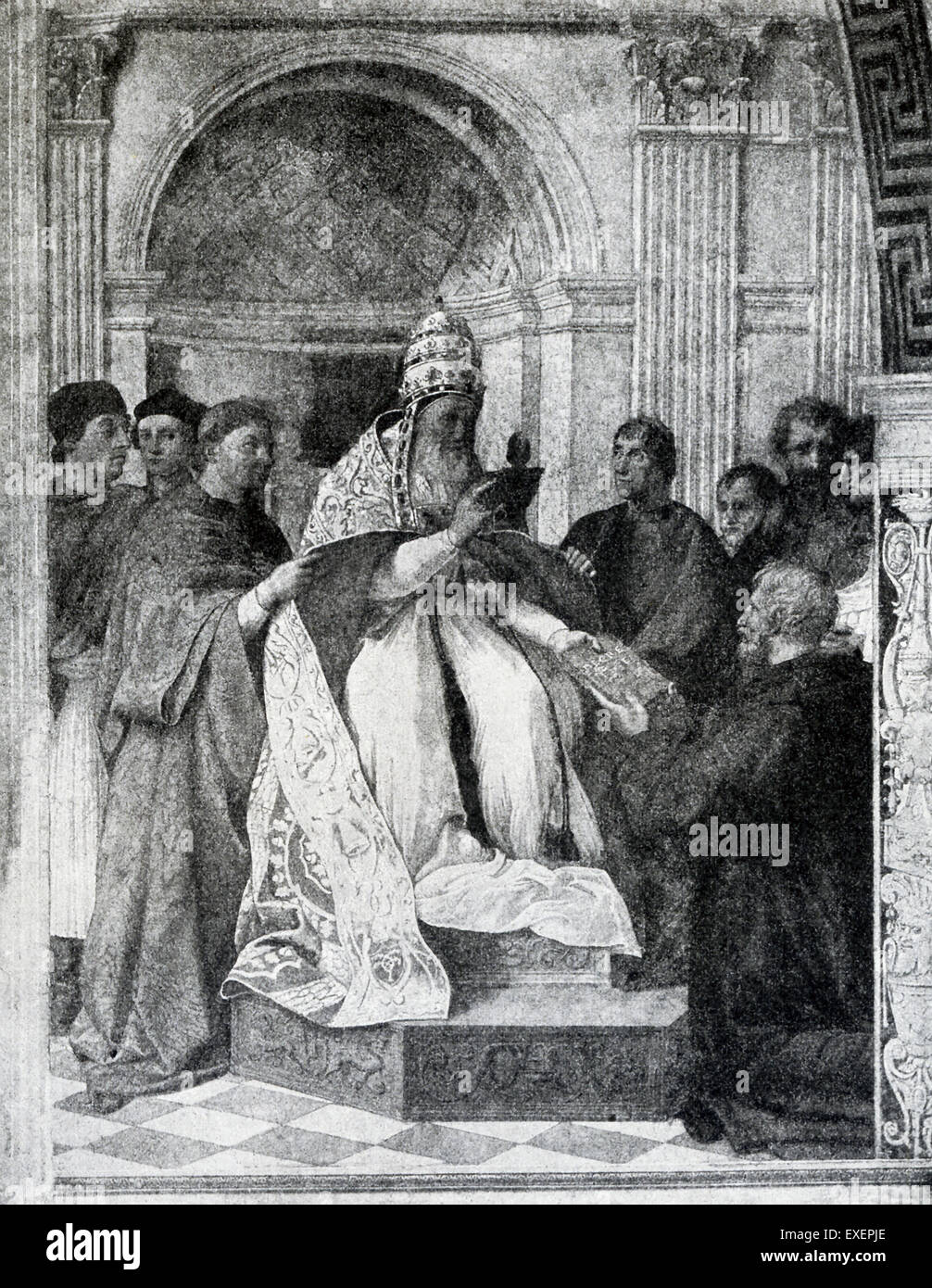This scene depicts Pope Gregory IX (served 1227-1241) approving the Decretals received from St. Raymond de Penafort, a doctor of civil and canon law. Gregory had summoned Raymond to Rome in 1230 to help rearrange and codify canon law. The painting is credited to Raphael's workshop and is in the Vatican. The painting is credited to Raphael's workshop and is in the Vatican. In this scene the pope is actually a depiction  of Julius II, pope who commissioned Raphael/workshop to do this painting in 1511. Stock Photo