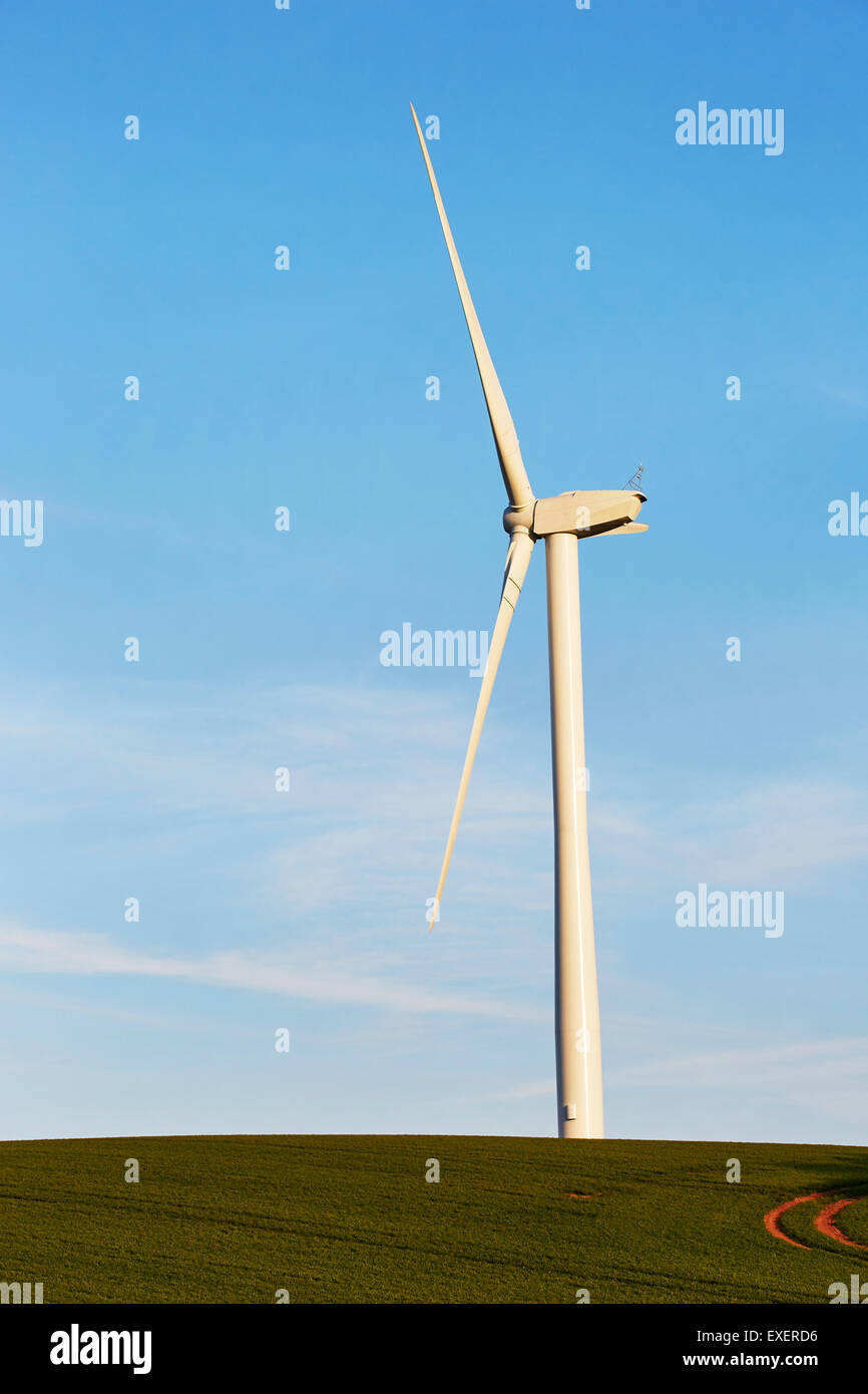 View of a wind turbine on top of a hill. Stock Photo