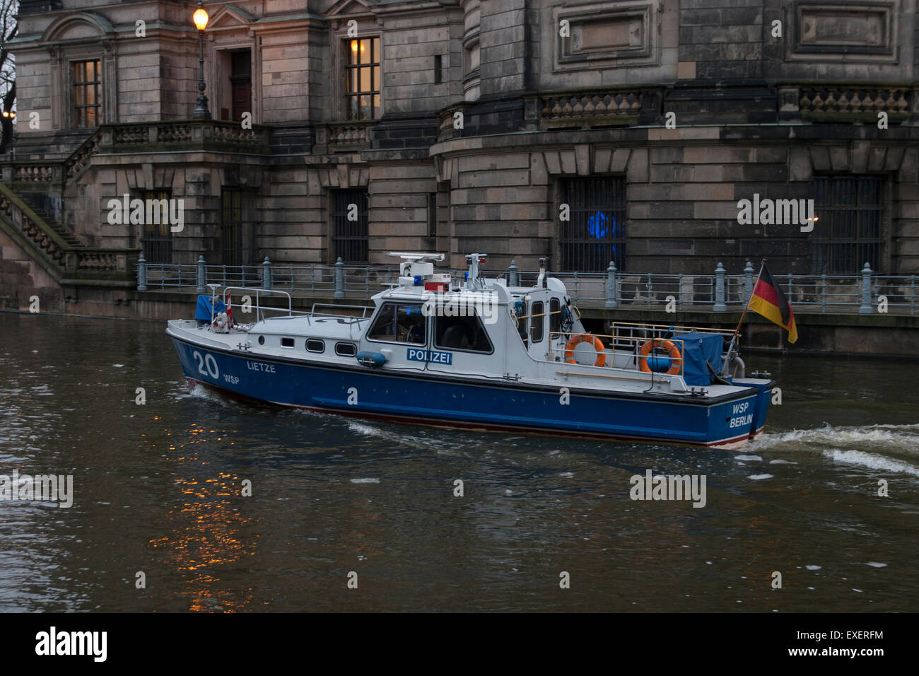 Police boat on a River in Berlin, Germany. Stock Photo