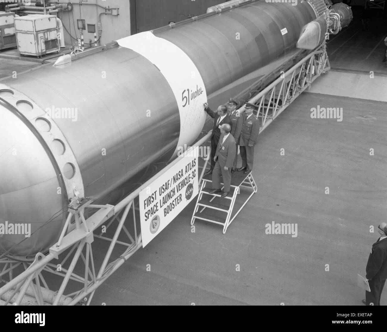 The Centaur SLV 3C rocket is shown during its first rollout on April 14, 1967. The Centaur was a significant component of U.S. space exploration efforts, used for launching satellites and space probes. The rollout included key personnel such as G. Hansen and Col. Sullivan. Stock Photo