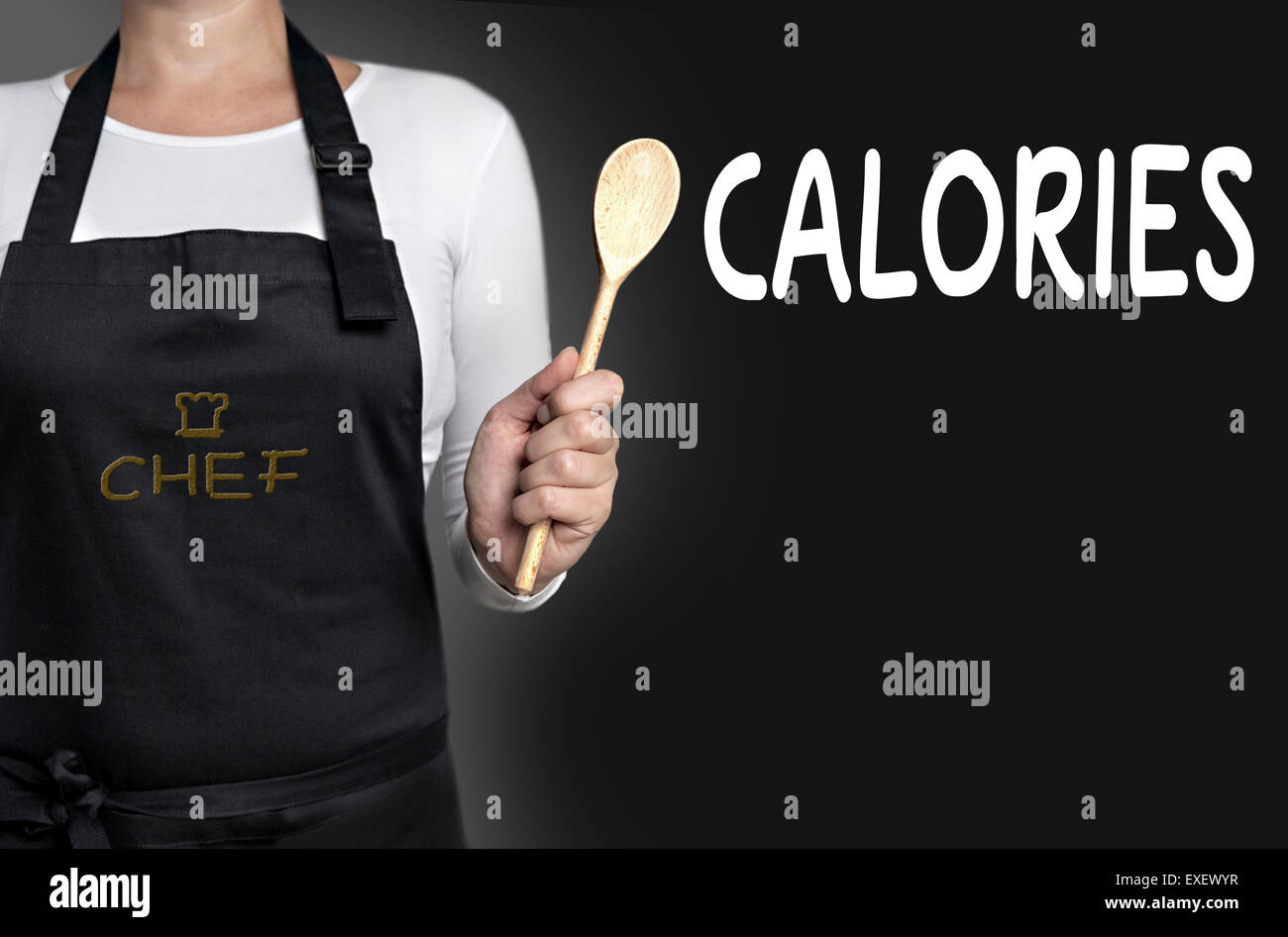 calories cook holding wooden spoon background. Stock Photo