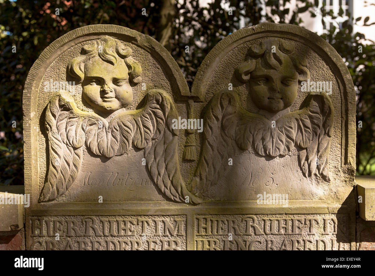 Europe, Germany, Lower Saxony, Fischerhude, gravestones in the wall of the churchyard of the Liebfrauenkirche (Church of Our Lad Stock Photo