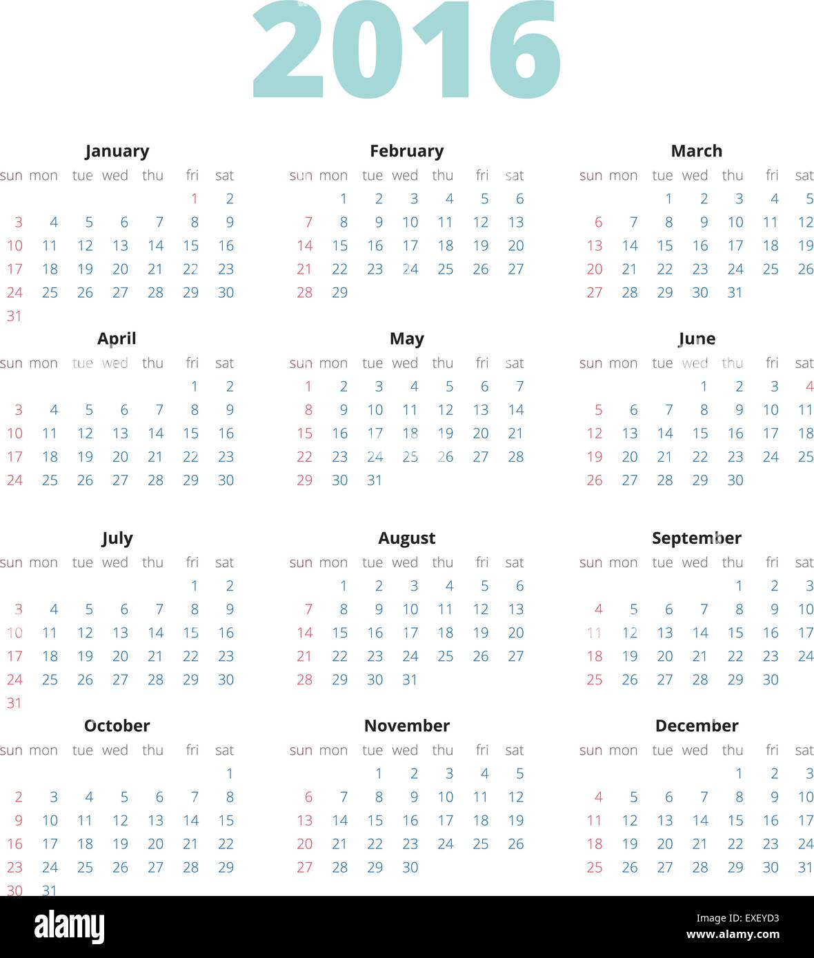 Simple european 2016 year vector calendar Stock Vector Image & Art - Alamy