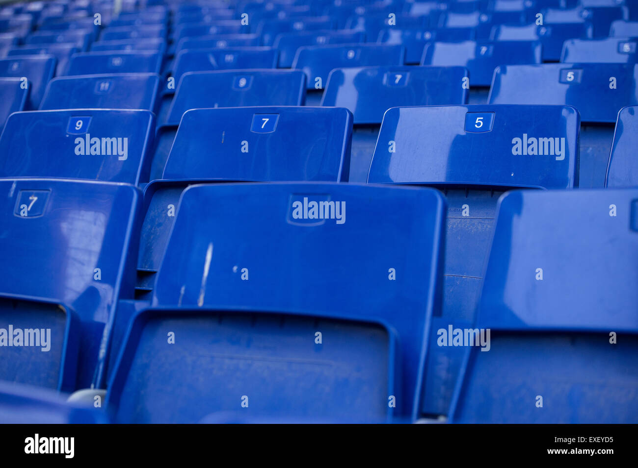 Empty blue seat of a football stadium Stock Photo