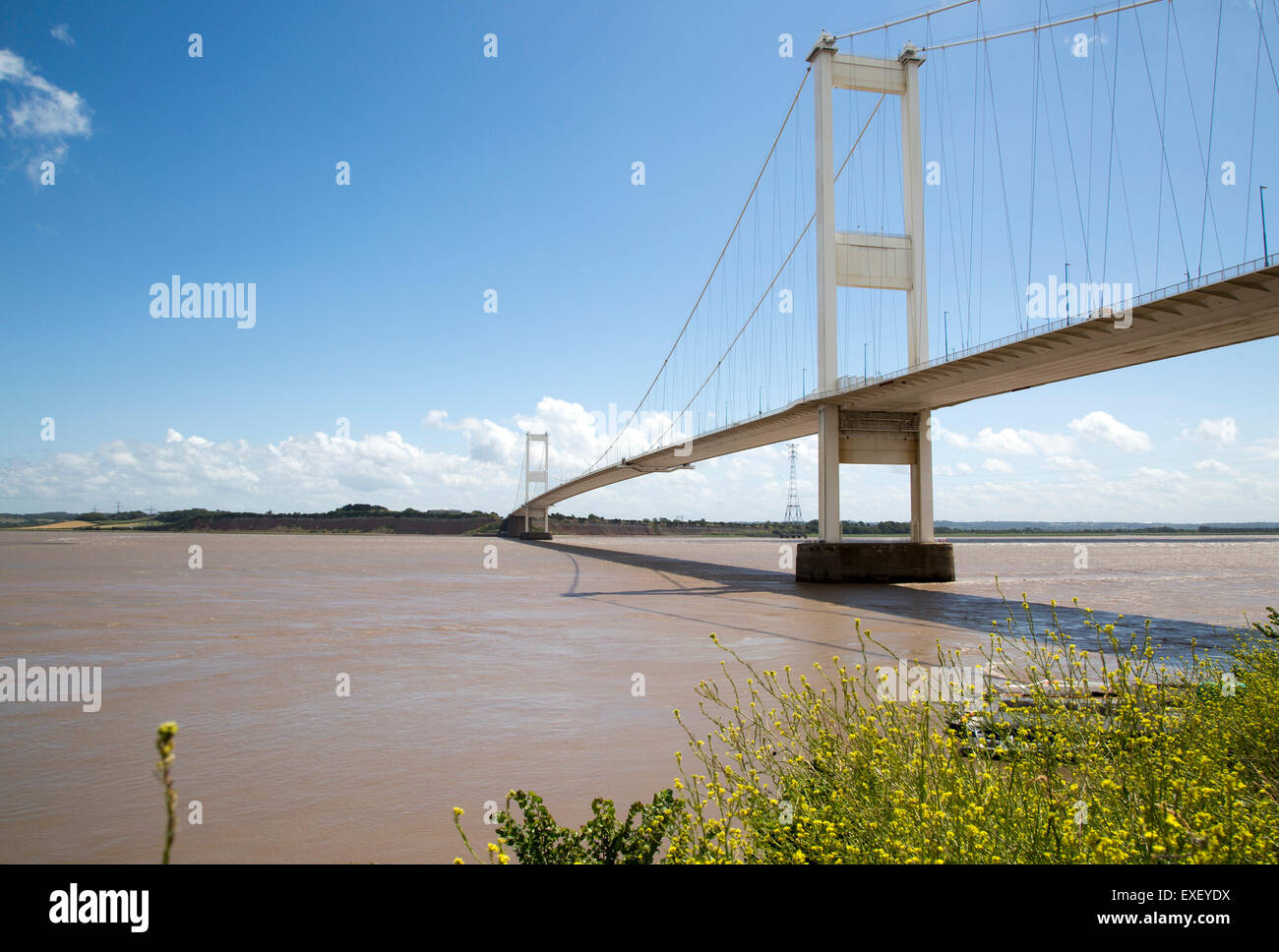 The old 1960s Severn bridge crossing between Beachley and Aust, Gloucestershire, England, UK looking east Stock Photo