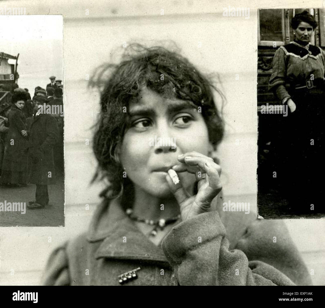 This image, titled 'Zigeunermeisje rookt sigaret' (Gypsy girl smoking a  cigarette), captures a young girl from the Romani community in a moment of  everyday life. The portrayal highlights both cultural and social