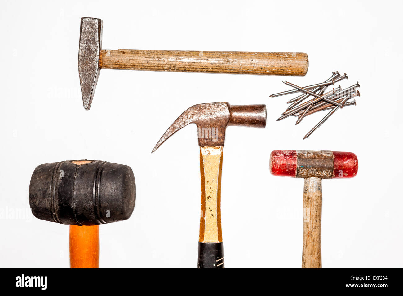 different hammers and nails, as well as claw hammer as ordinary hammer Stock Photo