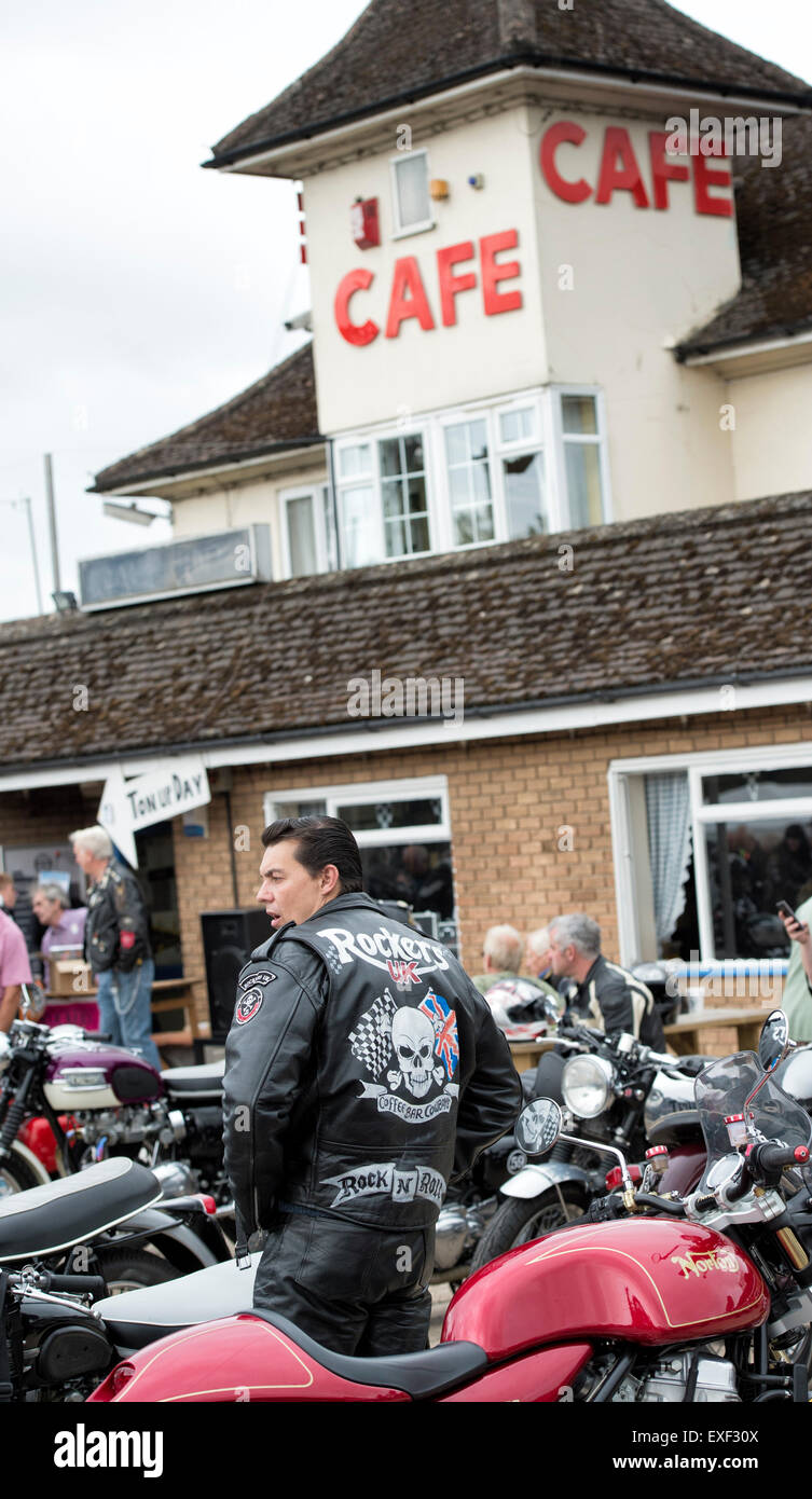 Rockers and British Motorcycles at the Ton up Day, Jacks Hill Cafe, Towcester, Northamptonshire, England. Stock Photo