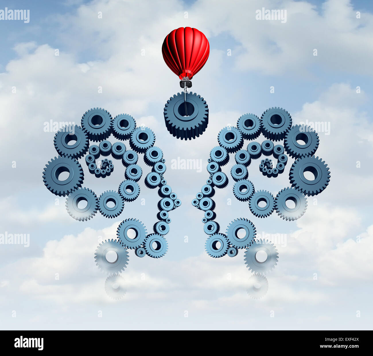 Constructing a business partnership concept with gears connected together shaped as a human head team with a red balloon placing a key cog in the center to connect the partners. Stock Photo