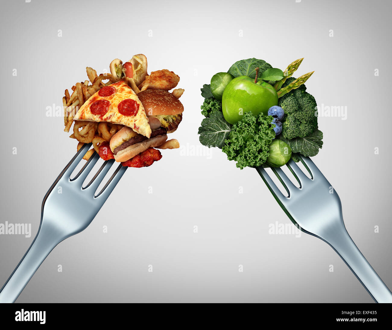 Diet struggle and decision concept and nutrition choices dilemma between healthy good fresh fruit and vegetables or greasy cholesterol rich fast food with two dinner forks competing to decide what to eat. Stock Photo