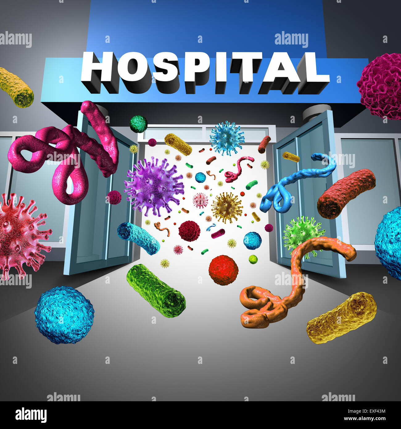 Hospital germs spreading and super bug bacteria and bacterium cells floating in microscopic space as a medical concept of bacter Stock Photo